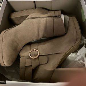 Tan heel booties with gold accent